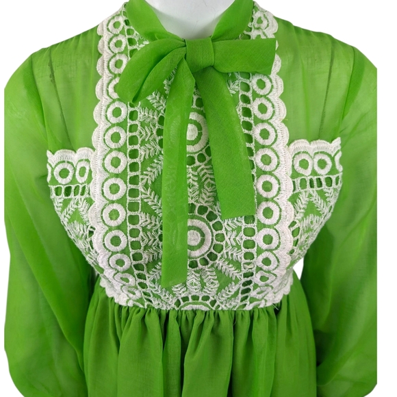 Vintage 70s Crochet Trimmed Maxi Peasant Dress Green Chiffon Overlay Womens S - Picture 2 of 14